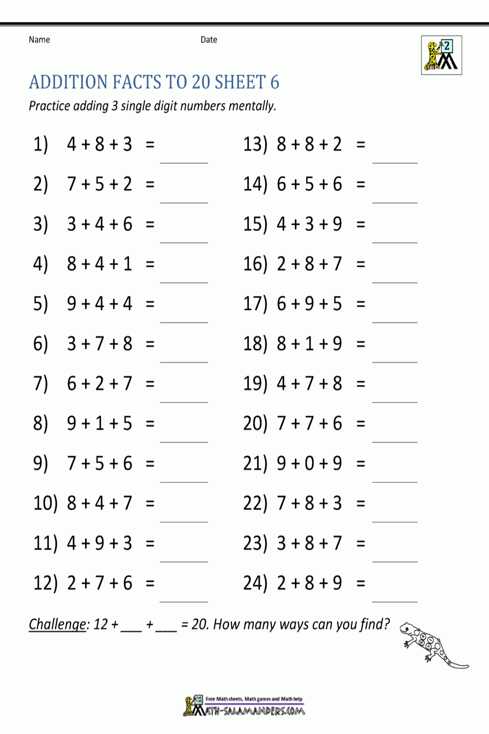 Addition Facts to  Worksheets