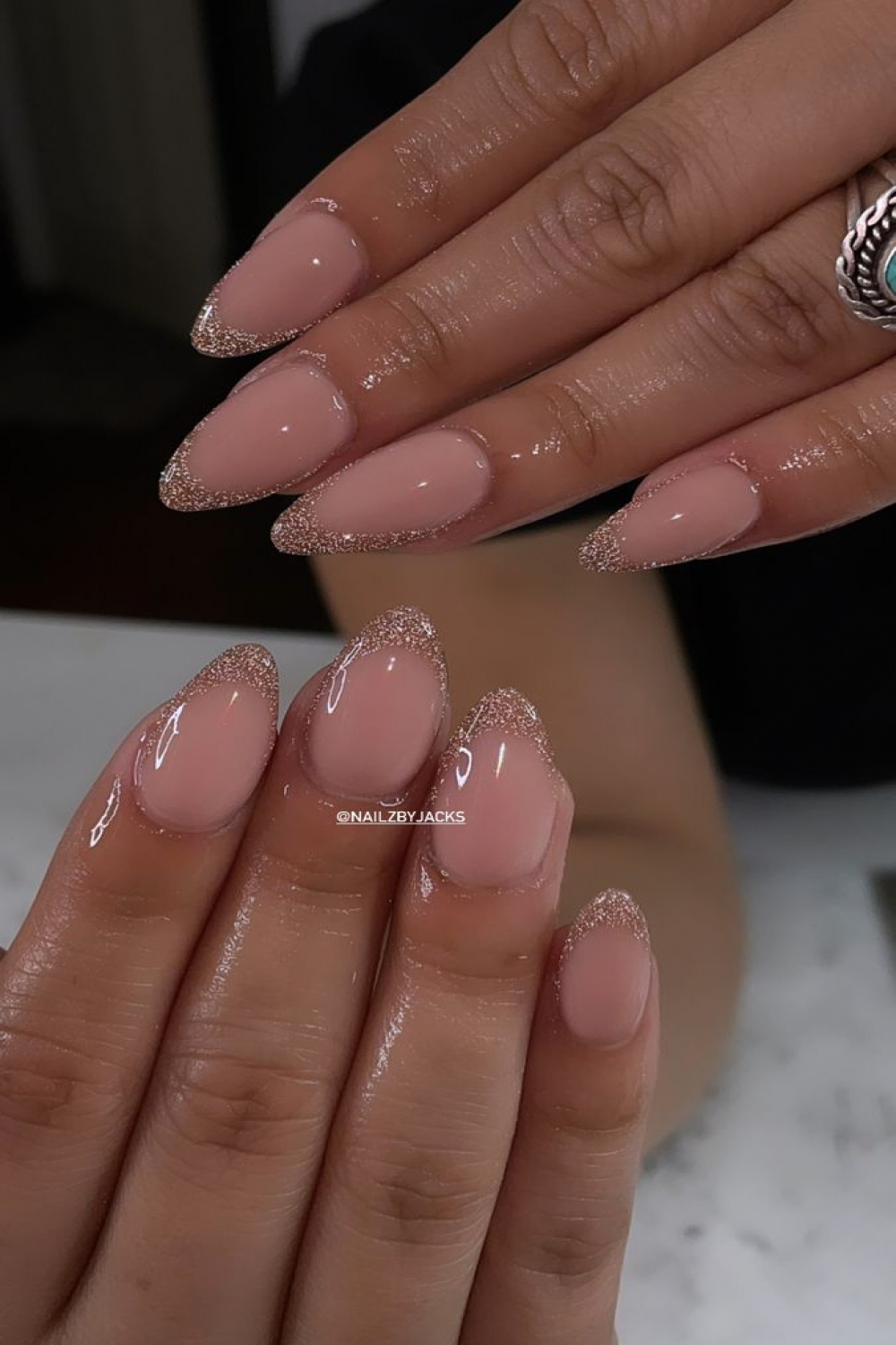 Almond french tip glitter nails✨ in   Gold tip nails