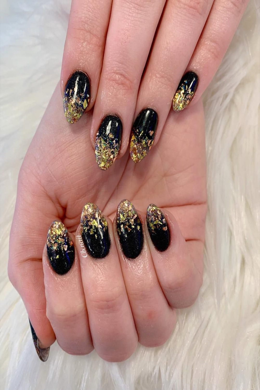 Almond nails, acrylic nails, gel nails, black nails, gold nails