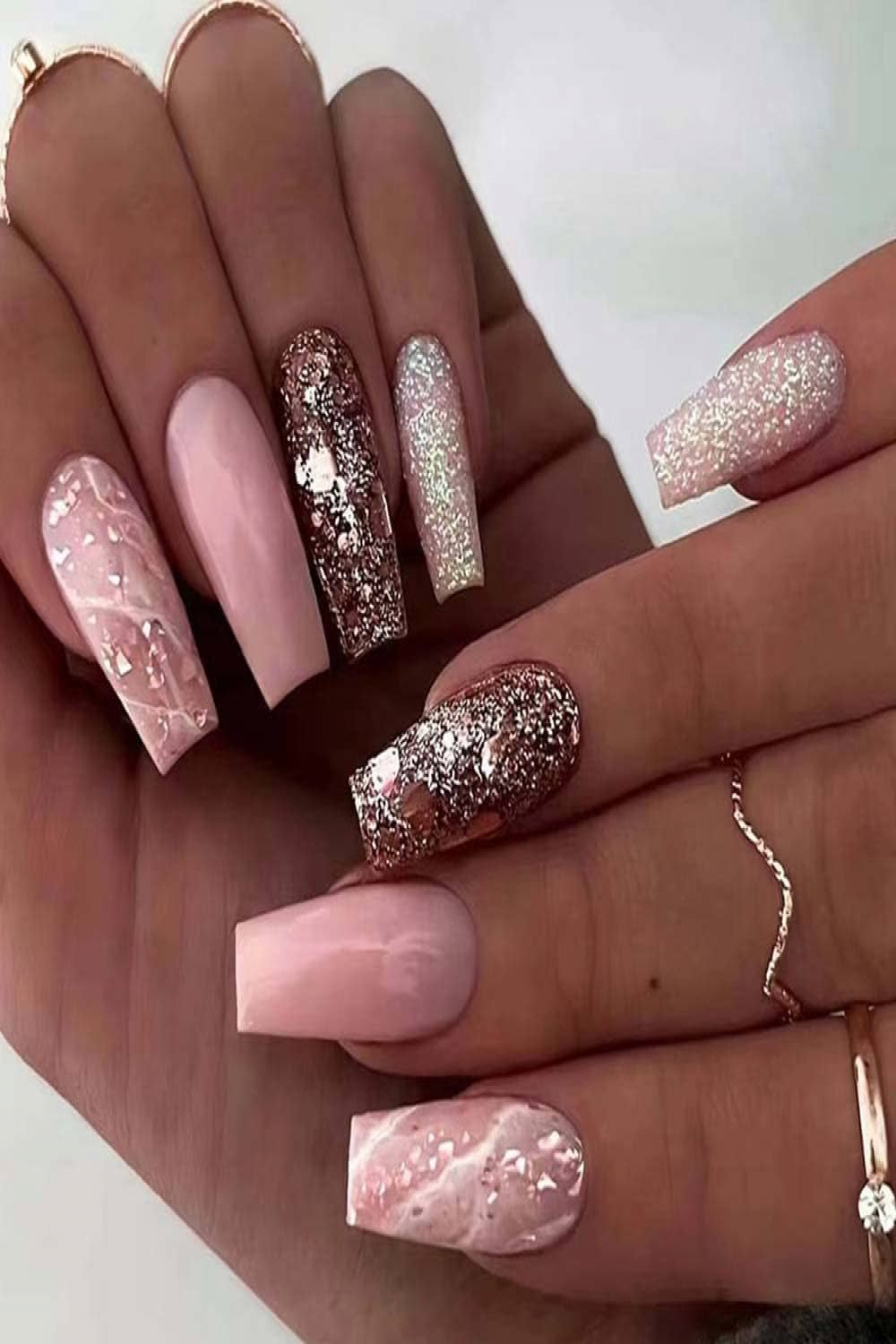 ANDGING Pink Press on Nails Medium Long Coffin, Fake Nails for Women with  Glitter Gold Bing Design, Square Glue on Nails Acrylic False Nails, Full