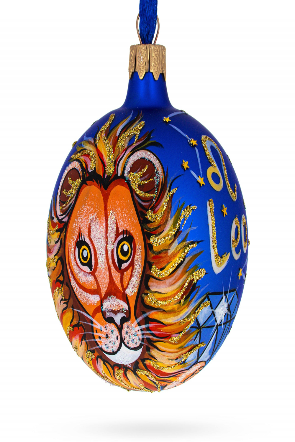 Astrological Zodiac Sign Leo Blue Glass Ball Christmas Ornament .