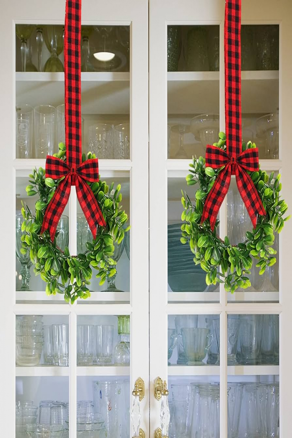 BFYDOAA  Pieces Kitchen Cabinet Wreaths Small Christmas Boxwood Wreaths  Hanging Ribbon Bow Green Wreaths for Farmhouse Festival Chair Door Railing