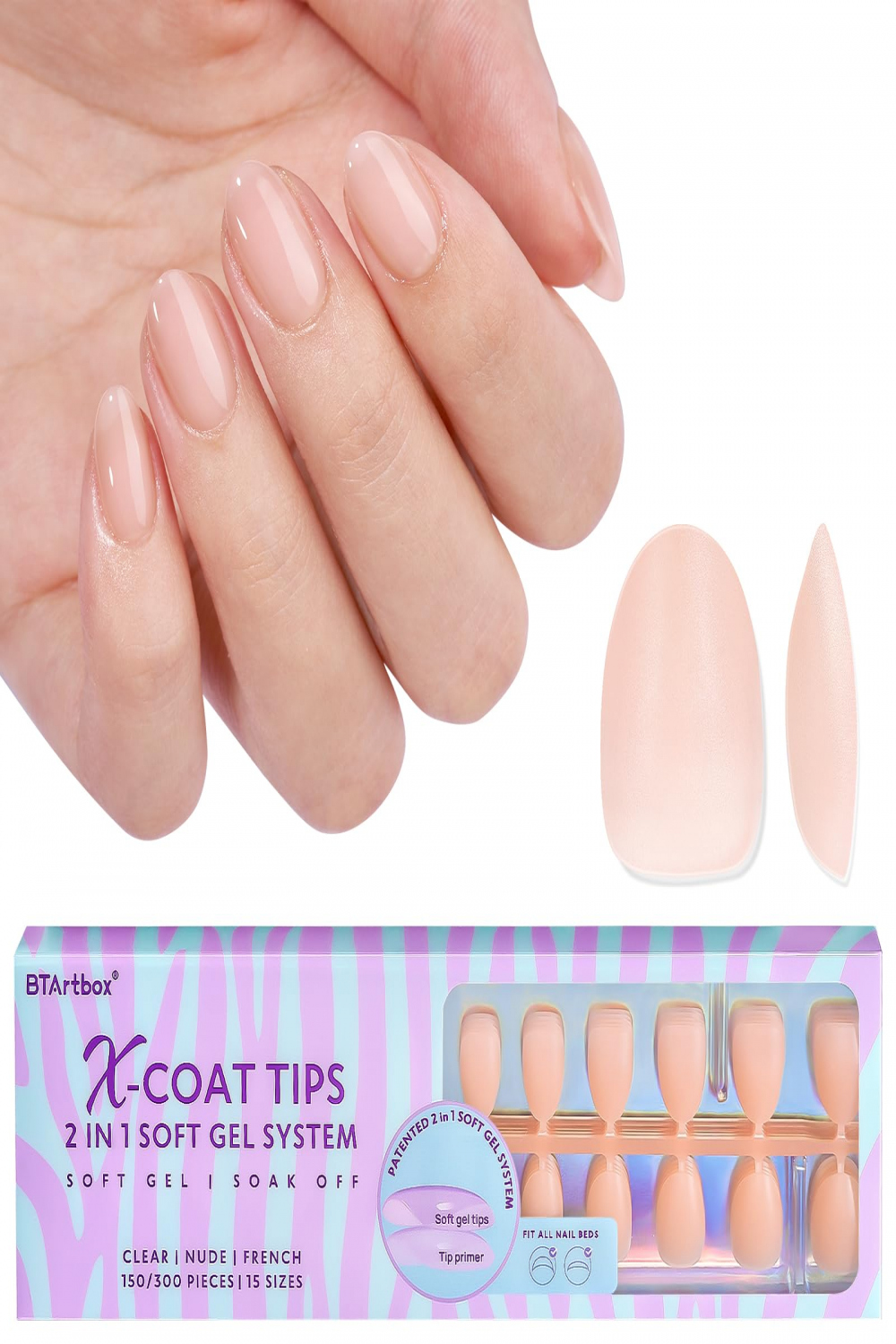 BTArtbox Extra Short Almond Press On Nails Soft Gel Full Cover Nail Tips  für Gelnägel,  Stück Nude  in  X-coat Tips Kurz Nageltips Mandel