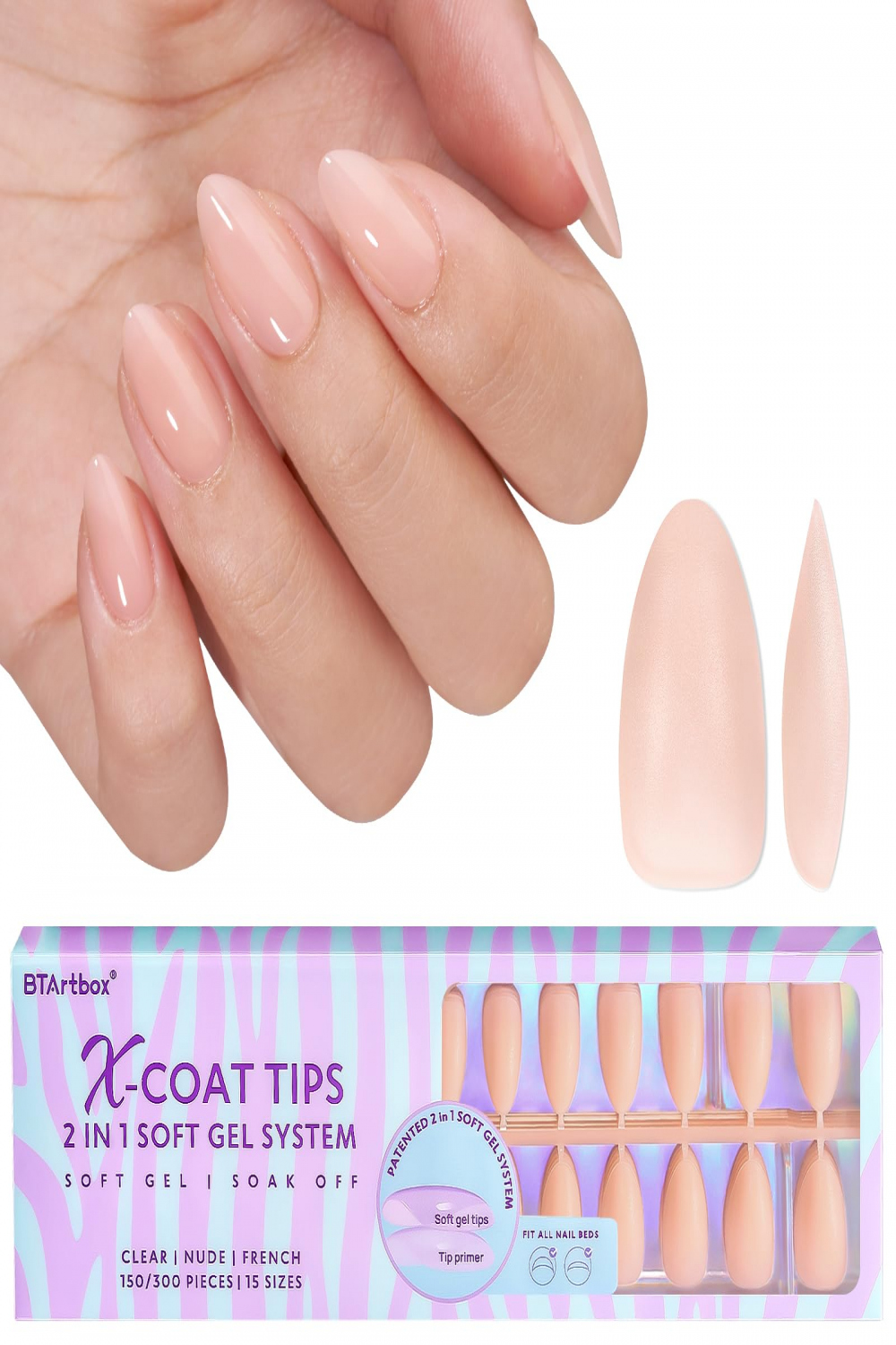 BTArtbox Short Almond Soft Gel Nail Tips Full Cover Nageltips Kurz Nagel  Tips für Gelnägel,  Stück  in  X-coat Tips Nude Press on Nails Kurz