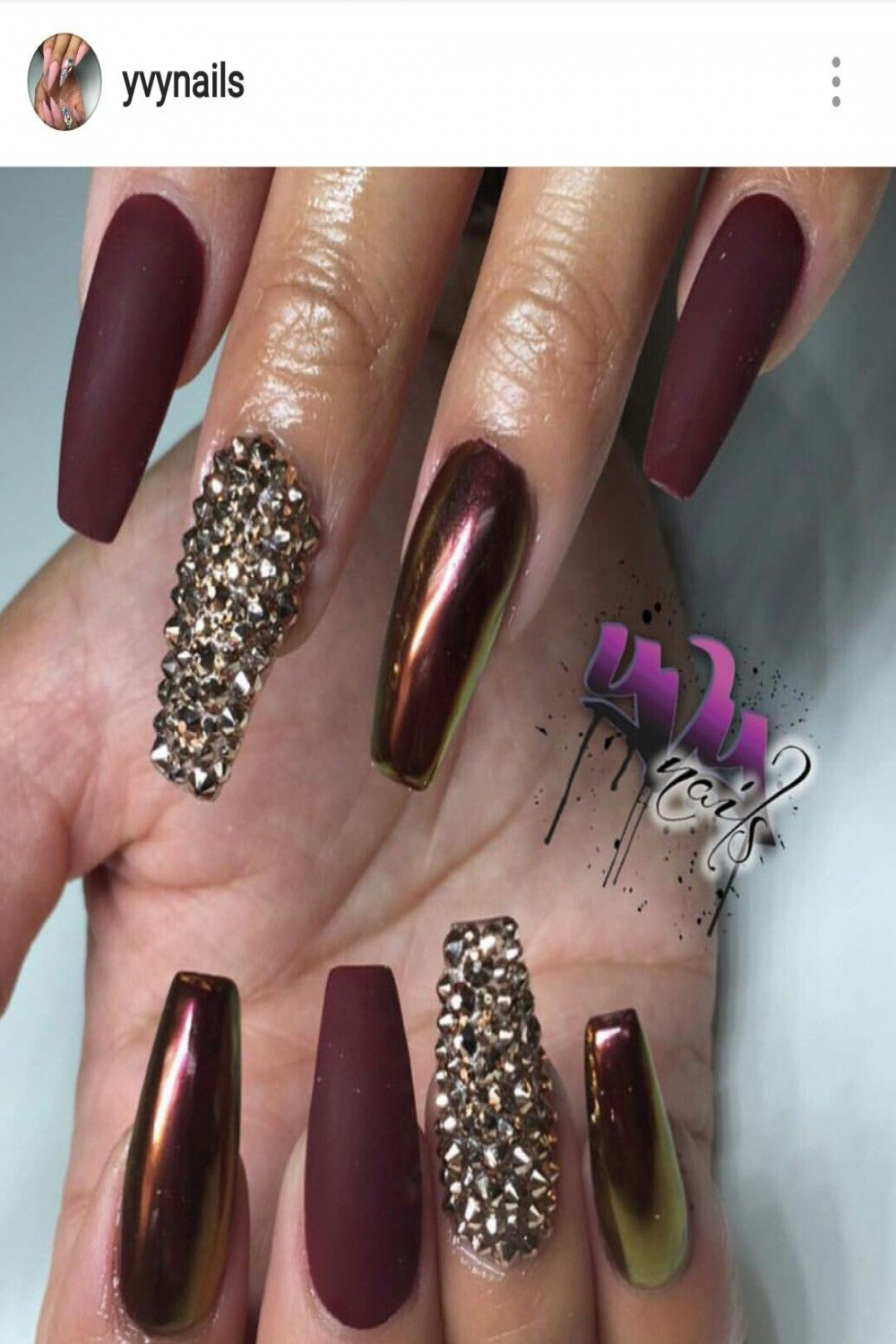 Burgundy nails chrome and matte with gold rhinestones  Burgundy