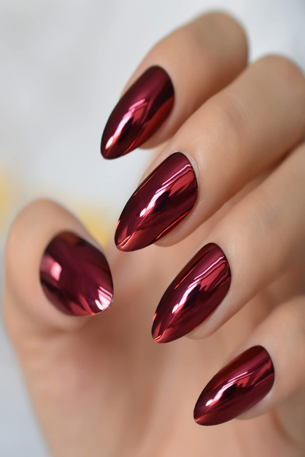 Burgundy Nails Metallic Almond Press On Nails Medium Length Mirror Stiletto  Fake Nails Short Solid Color False Fingernails pcs