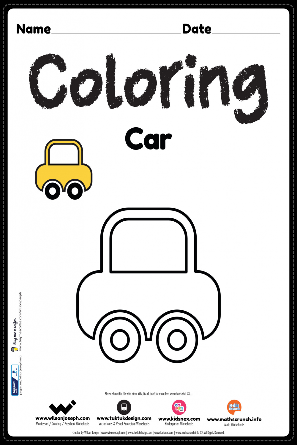 Car Coloring Page - Free Printable PDF for Preschool Kids