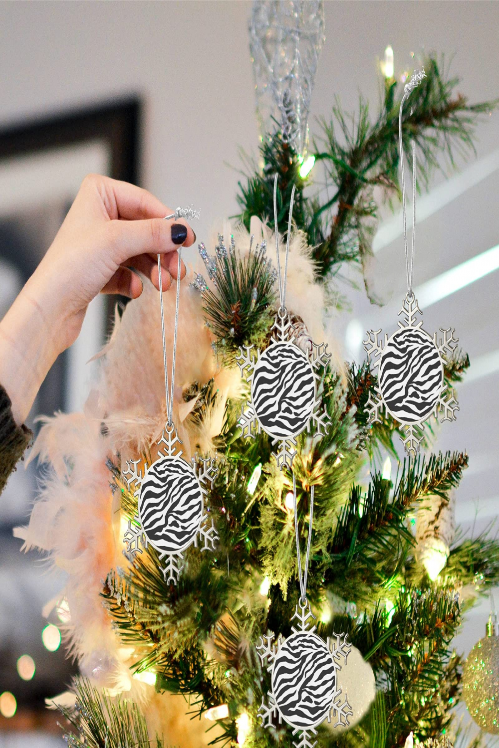 CHLBOJ Zebra Print Silver Snowflakes Christmas Ornaments  Pcs, Christmas  Tree Hanging Decorations for Holiday and Party