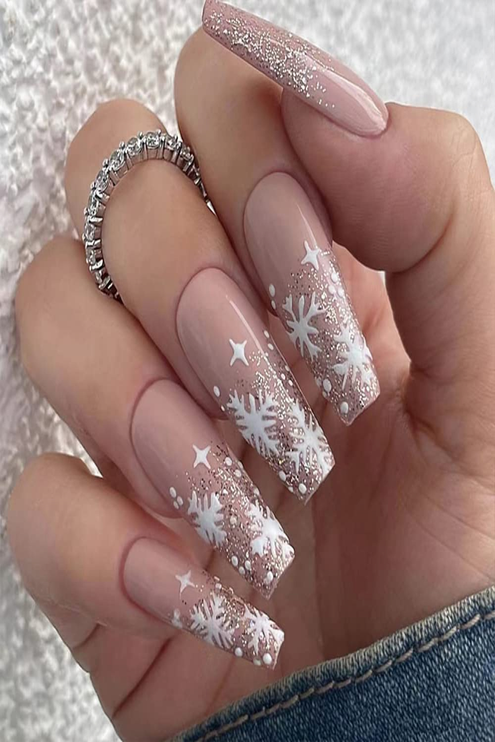 Christmas Fake Nails Long Square Pink Press on Nails with Sliver Snowflake  Design Coffin Full Cover False Nails Acrylic Nail Tips Artificial Glue on