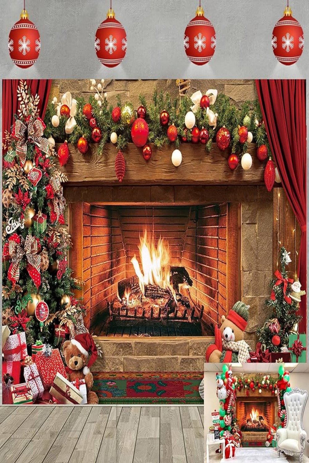 Christmas Fireplace Backdrop Vintage Red Christmas Tree Gifts Photography  Backdrop Merry Christmas Eve Family Holiday Photo Backdrop (xcm)