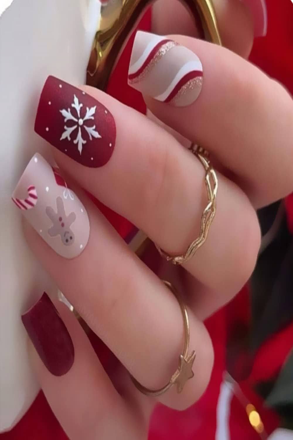 Christmas Matte Press on Nails Medium Square,KQueenest Red Coffin Fake  Nails with Gingerbread Man Stripes Pattern,Acrylic Nails Full Cover Stick  on