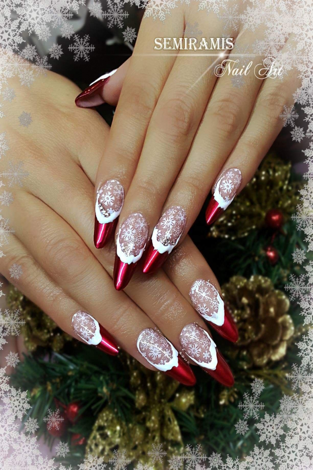 Christmas nails, french nails, red chrome gel polish, white nail