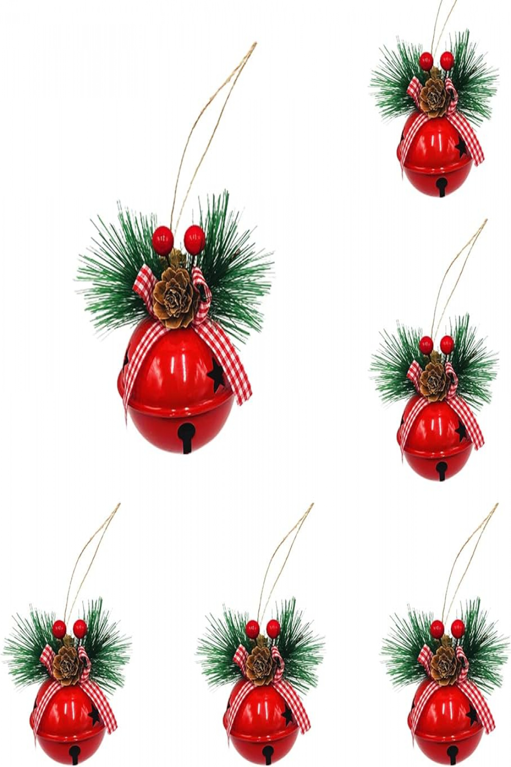 Christmas Ornaments Home  Red Jingle Bells Christmas Tree Hanging Bells  Jingle Bell Door Hanger with Pine Needles Berries Glitter Christmas Metal