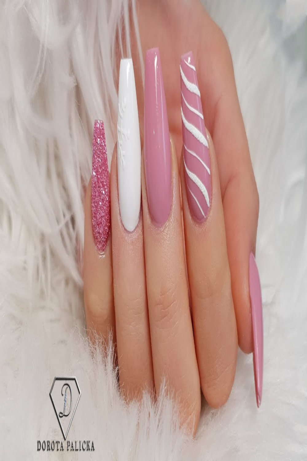 Christmas Pink and White coffin shape nails with fiber gel