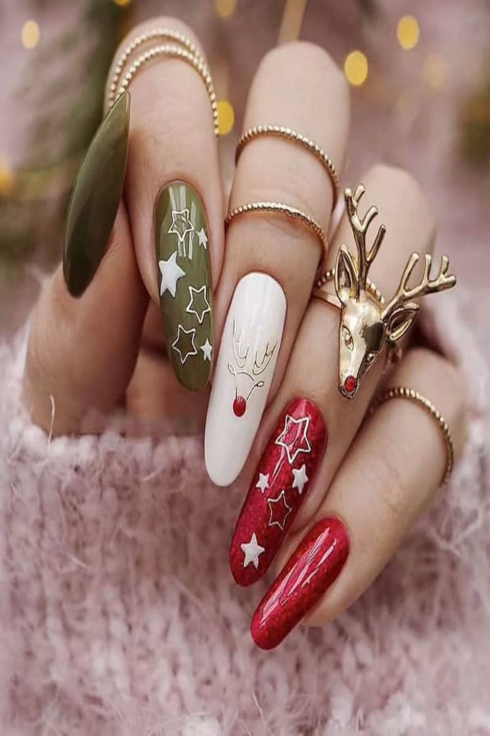 Christmas Press on Nails Almond, Fake Nails with Deer Green Red Pattern,  Glue on nails for Women, Includes Prep Pad, Mini File, Cuticle Stick, Glue,