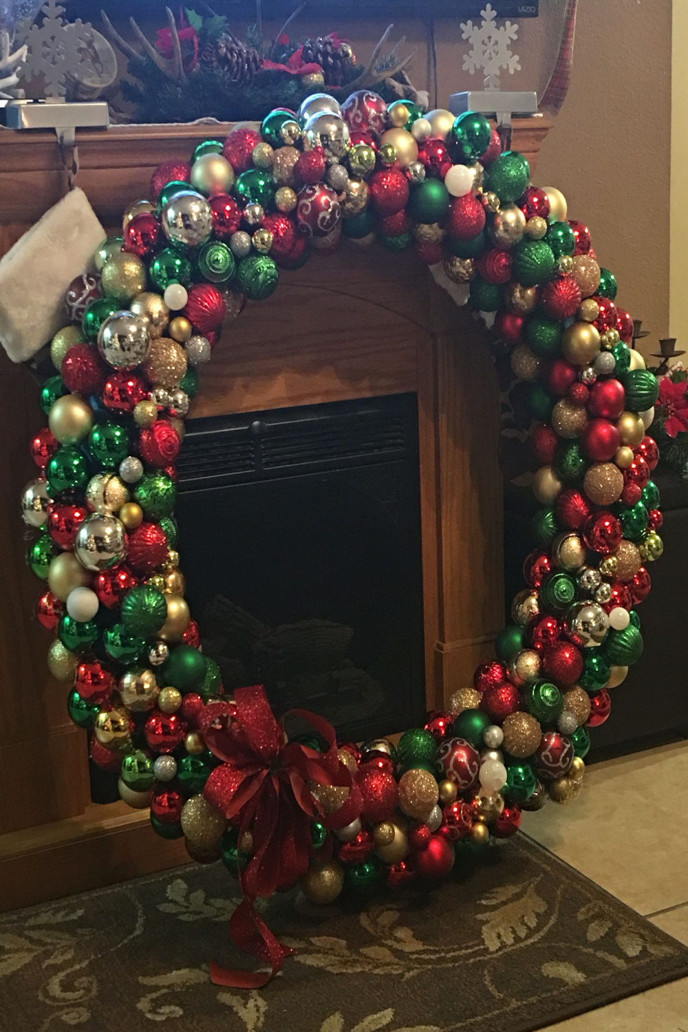 Christmas wreath made from  pool noodles and lots of Christmas