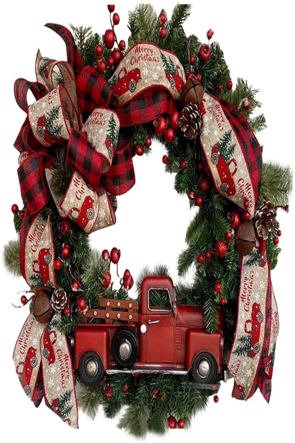 Christmas Wreath with Red Truck, Vintage Farmhouse Wreath with Pine Cones,  Berries, Christmas Ribbon, Rustic Christmas Garland, Winter Wreaths for