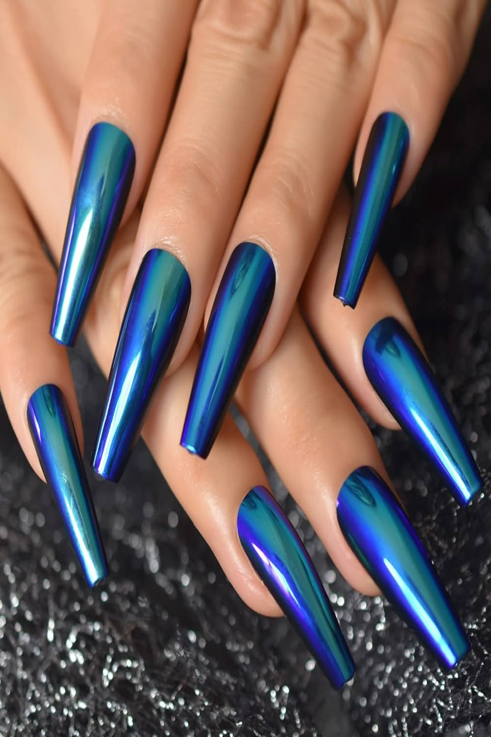 Chrome Metallic Fake Nails Set Mirror Extra Long Press On Nails Coffin  Ballerina Blue Acrylic False Nail Art Tips For Women