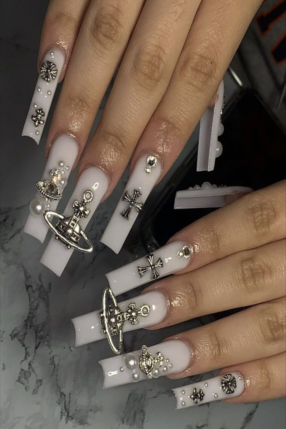 Chrome nail charms  White acrylic nails, Acrylic nails coffin