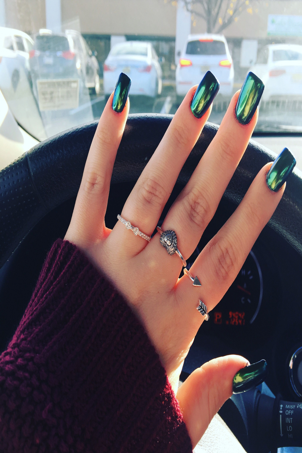 Chrome nails, metallic nails, green mermaid nails, Christmas nail