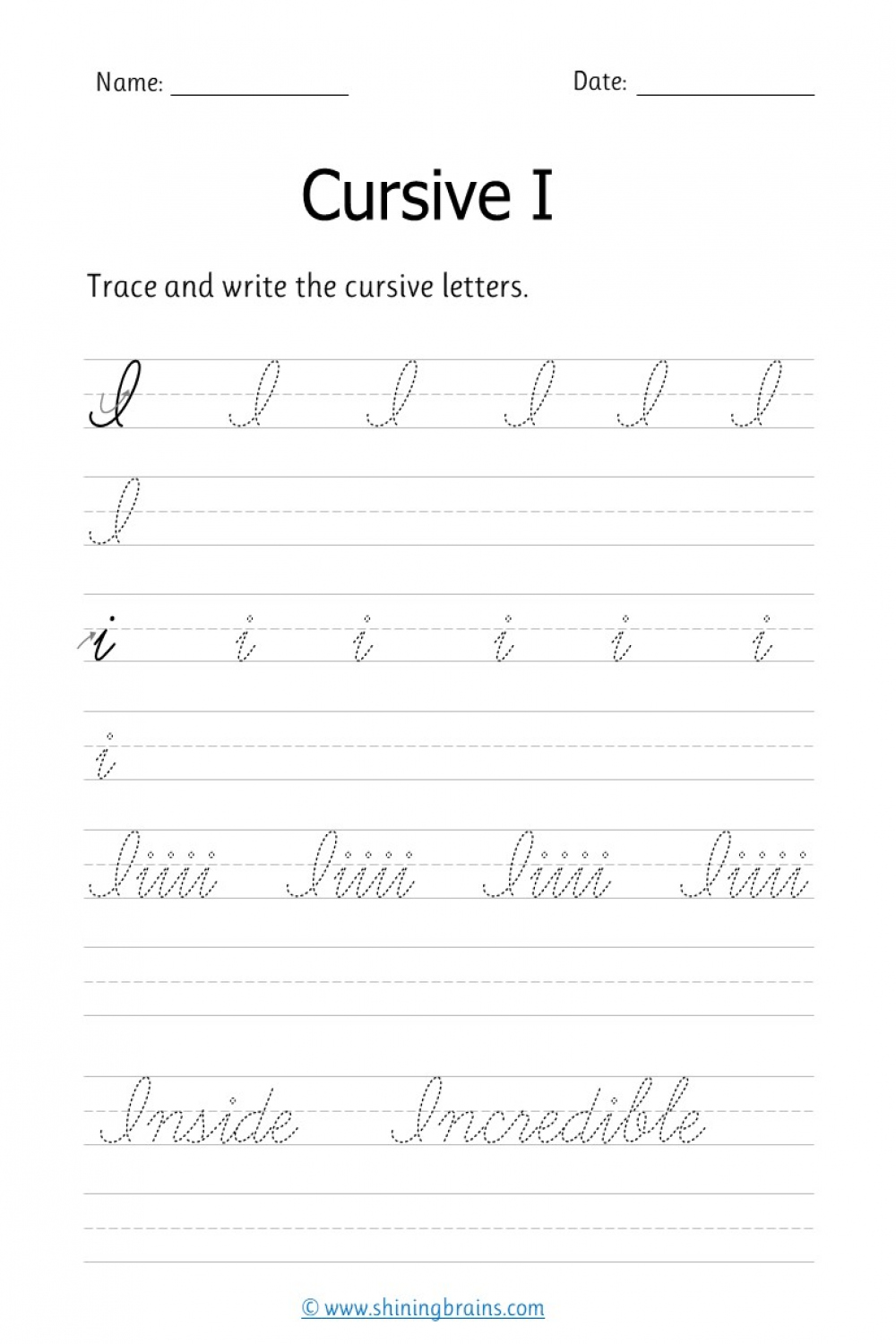 Cursive i - Free cursive writing worksheet for small and capital i