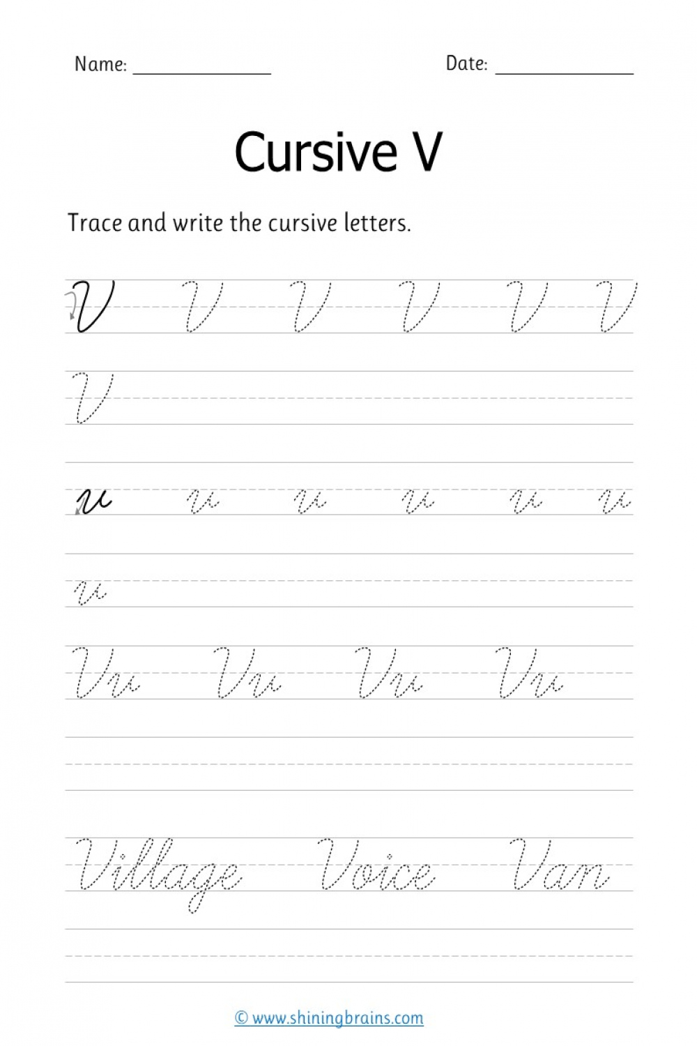 Cursive v - Free cursive writing worksheet for small and capital v