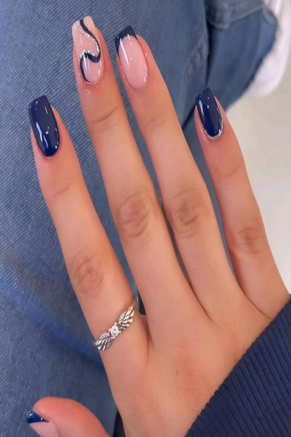 Dark Blue Press on Nails Short Fake Nails with Shiny Curve Designs French  Tip Artificial Nails Simplicity Reusable Acrylic Nails False Nails Glossy