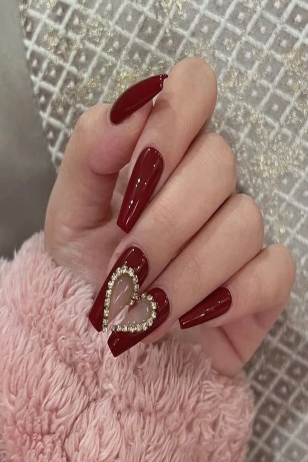 Dark Red with Hearts Rhinestones Design Press On Nails - Etsy