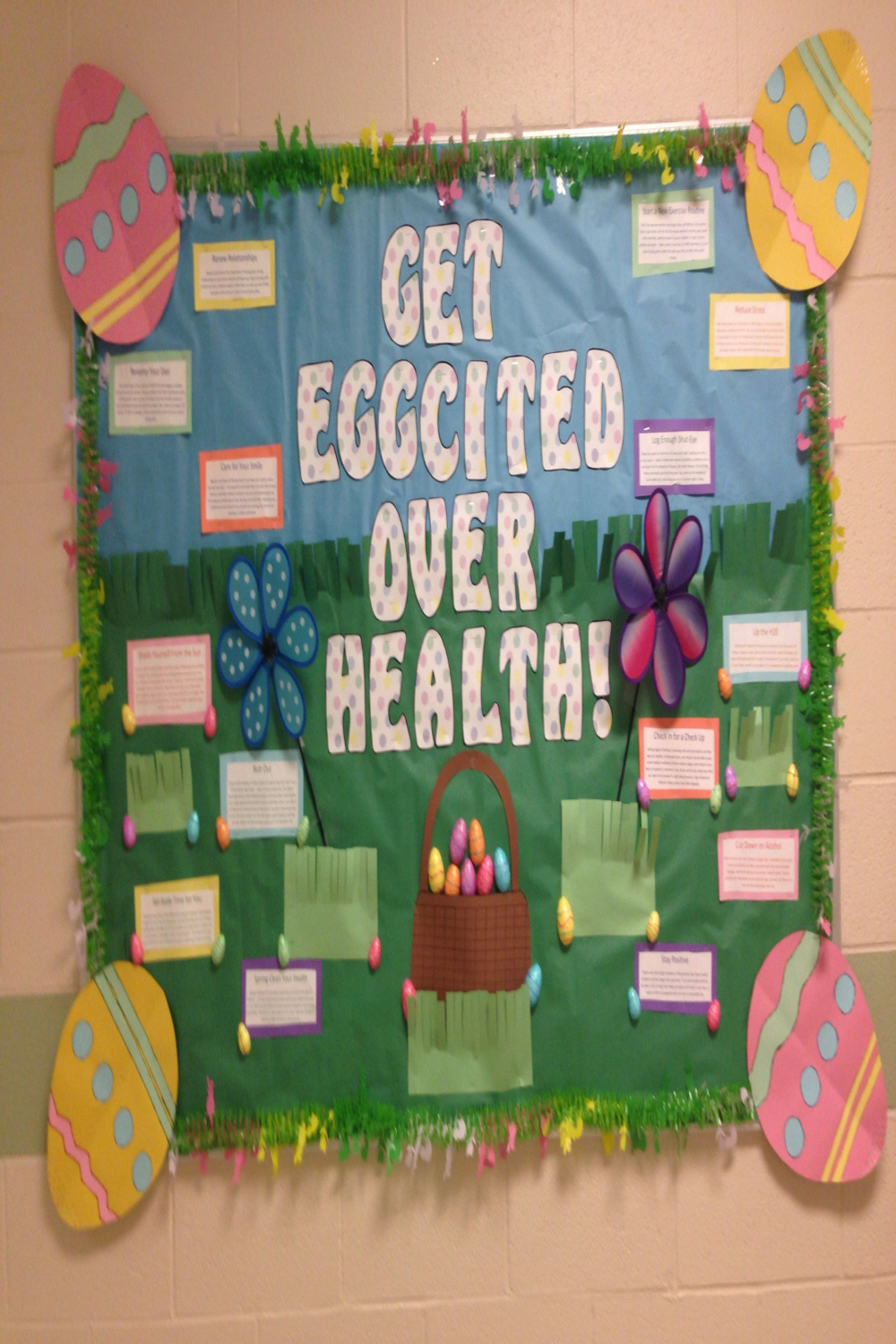 Easter bulletin board  School nurse office decorations, School