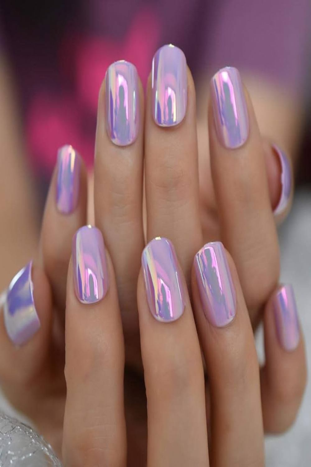 Fantasy Nails Series Pink Purle Short Chrome Holographic Press on