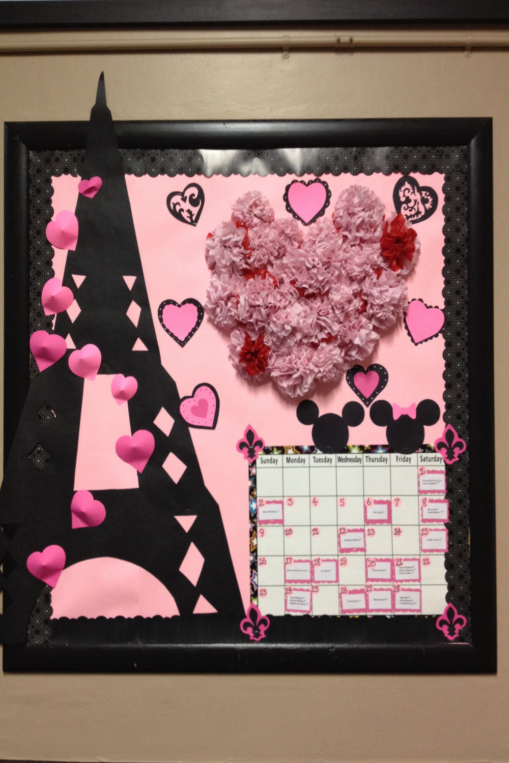 February  bulletin board - pink and black Paris in Love theme