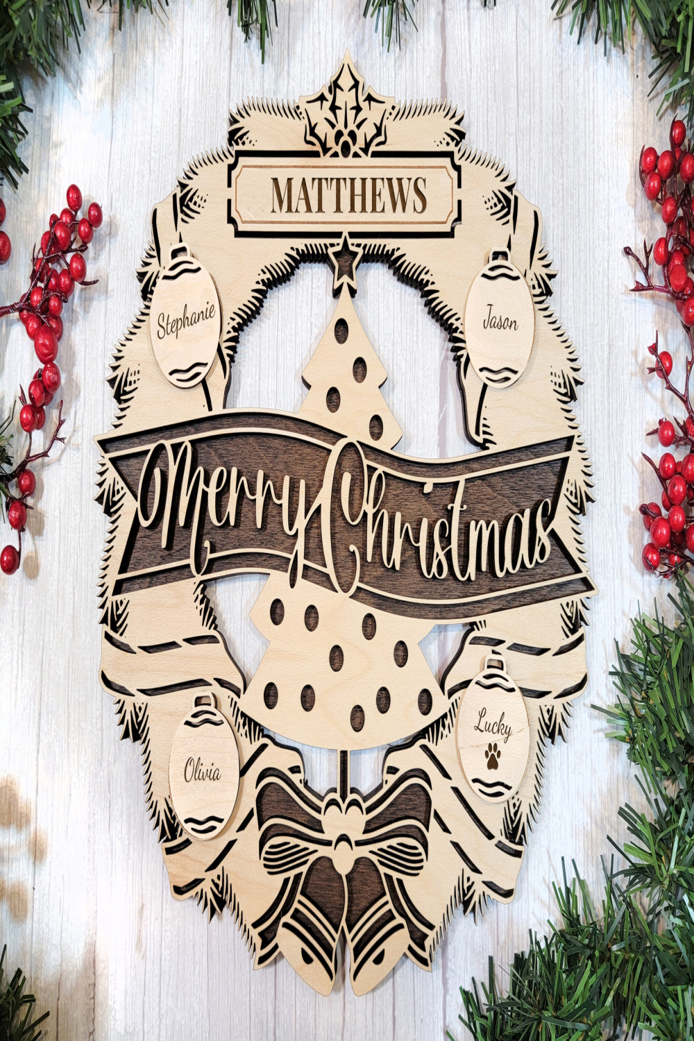 Finished Personalized Laser Cut Christmas Wreath in  Sizes and