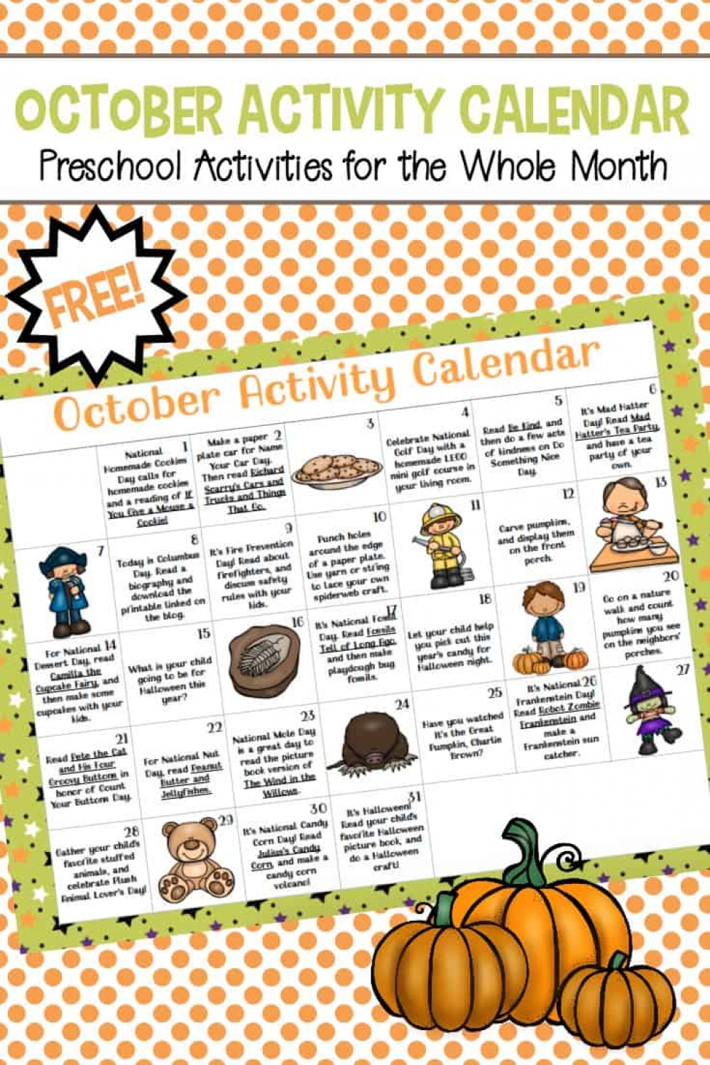 Free Printable Preschool Activity Calendar for October