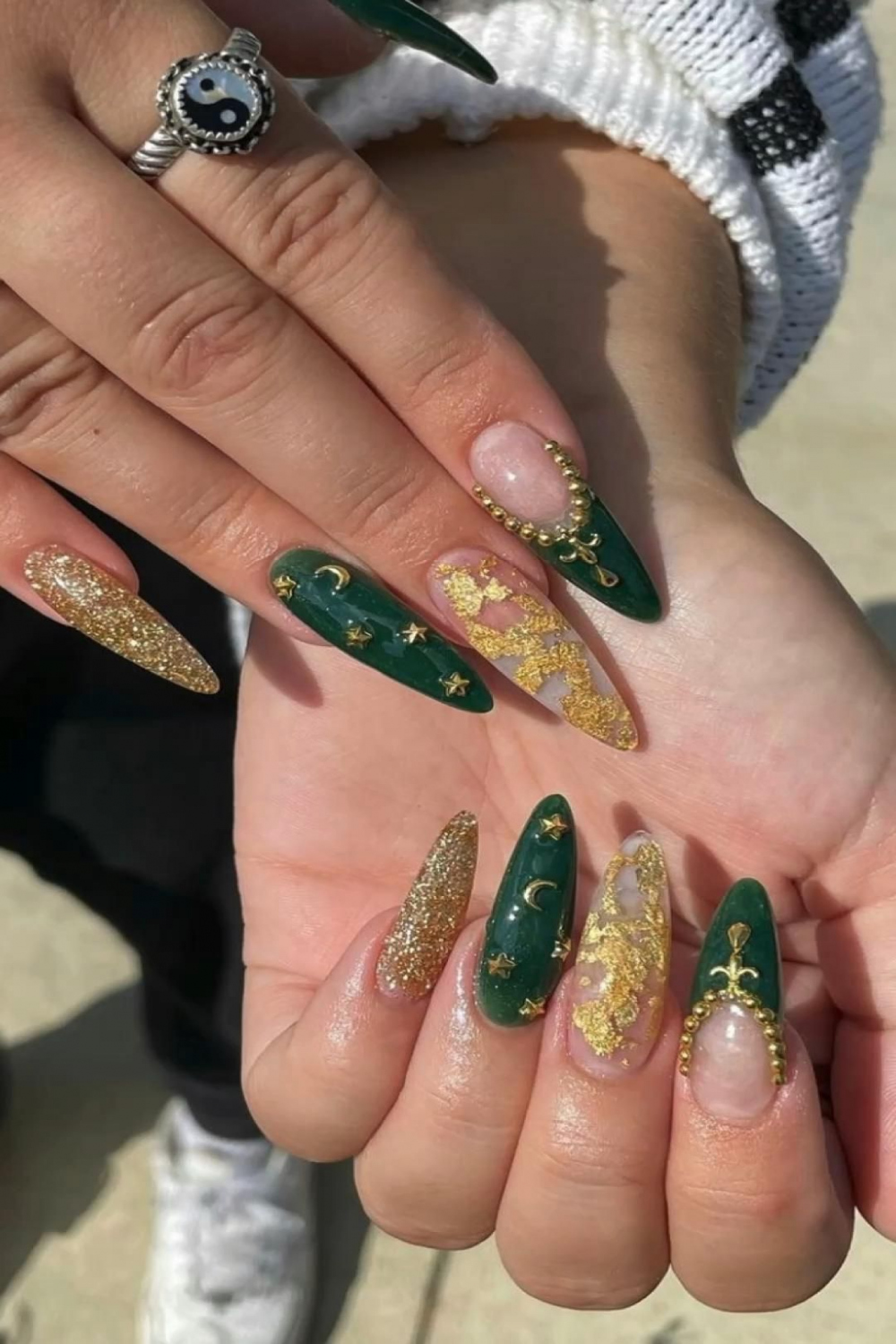 green and gold fall acrylic nails  Gold nails, Green nails, Green