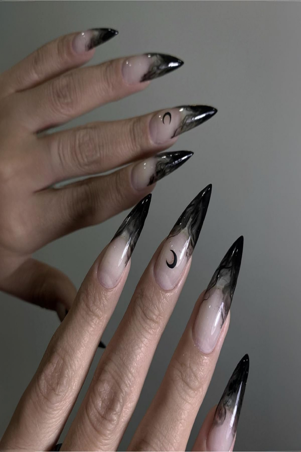 Halloween Press on Nails Extra Long Stiletto Gothic Fake Nails Scary Black  French Tip Full Cover False Nails with Moon Designs Reusable Acrylic Nails