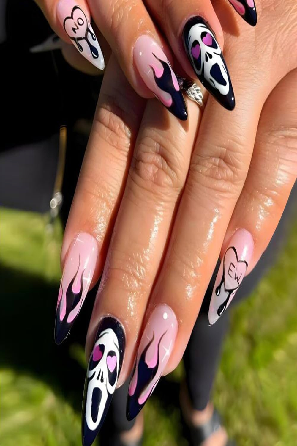 Halloween Press on Nails Medium Almond Halloween Nails Fake Pink Heart  Skull French Tip Press on Nails Designs Acrylic Nails Ballet Short Press on