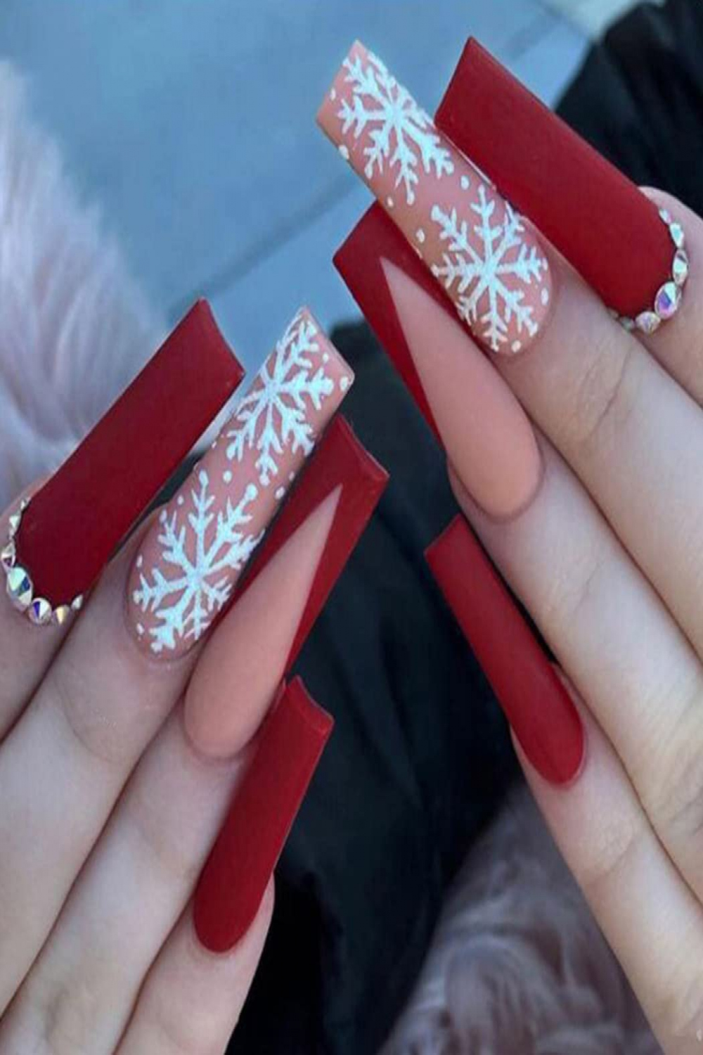 Handcess Christmas Coffin False Nails Matte Long Ballerina Press on Nails  Snowflake False Nails Red French Crystal Acrylic Stick on Nails  Pieces