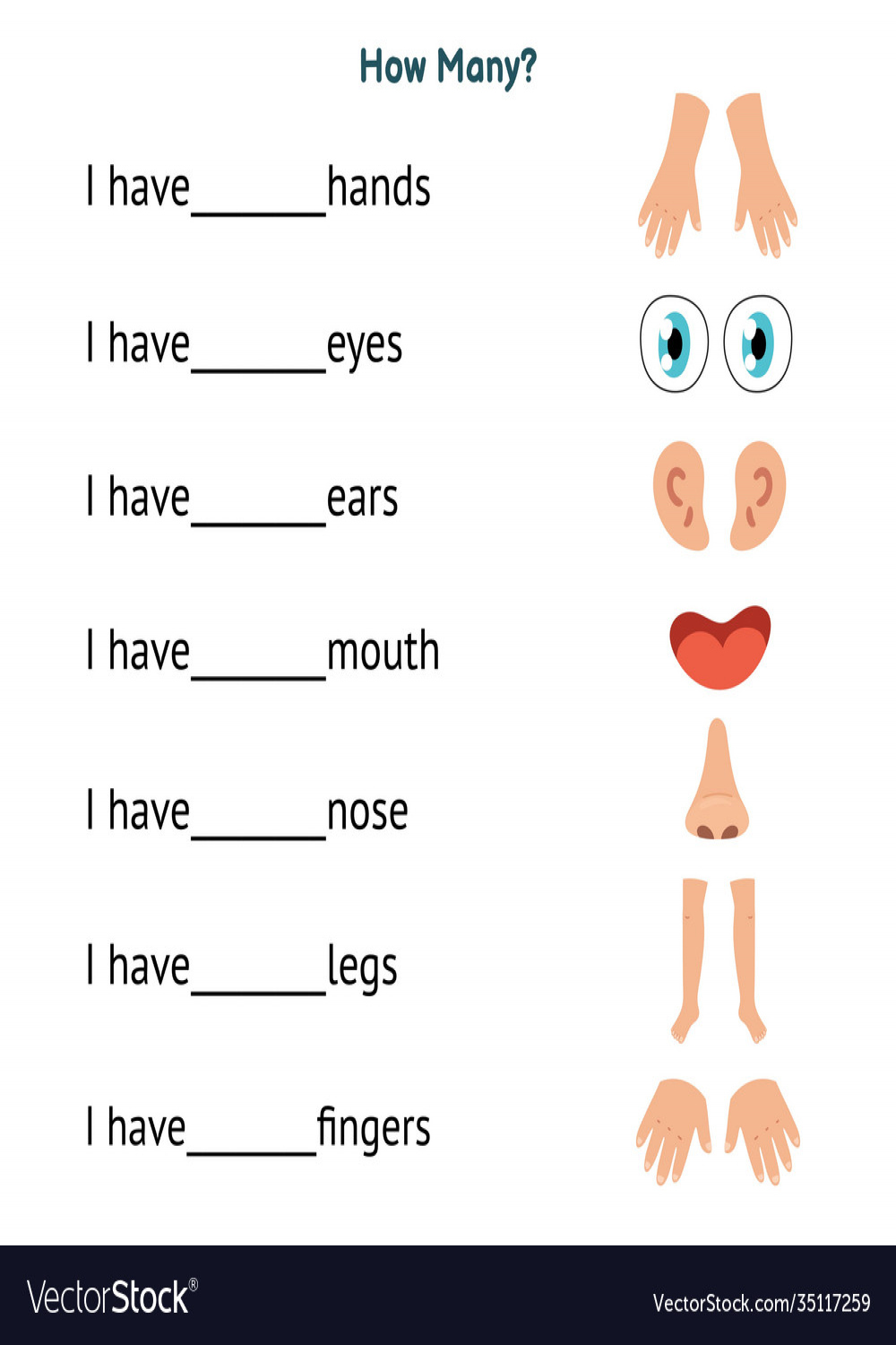 How many worksheet with body parts for kids write Vector Image