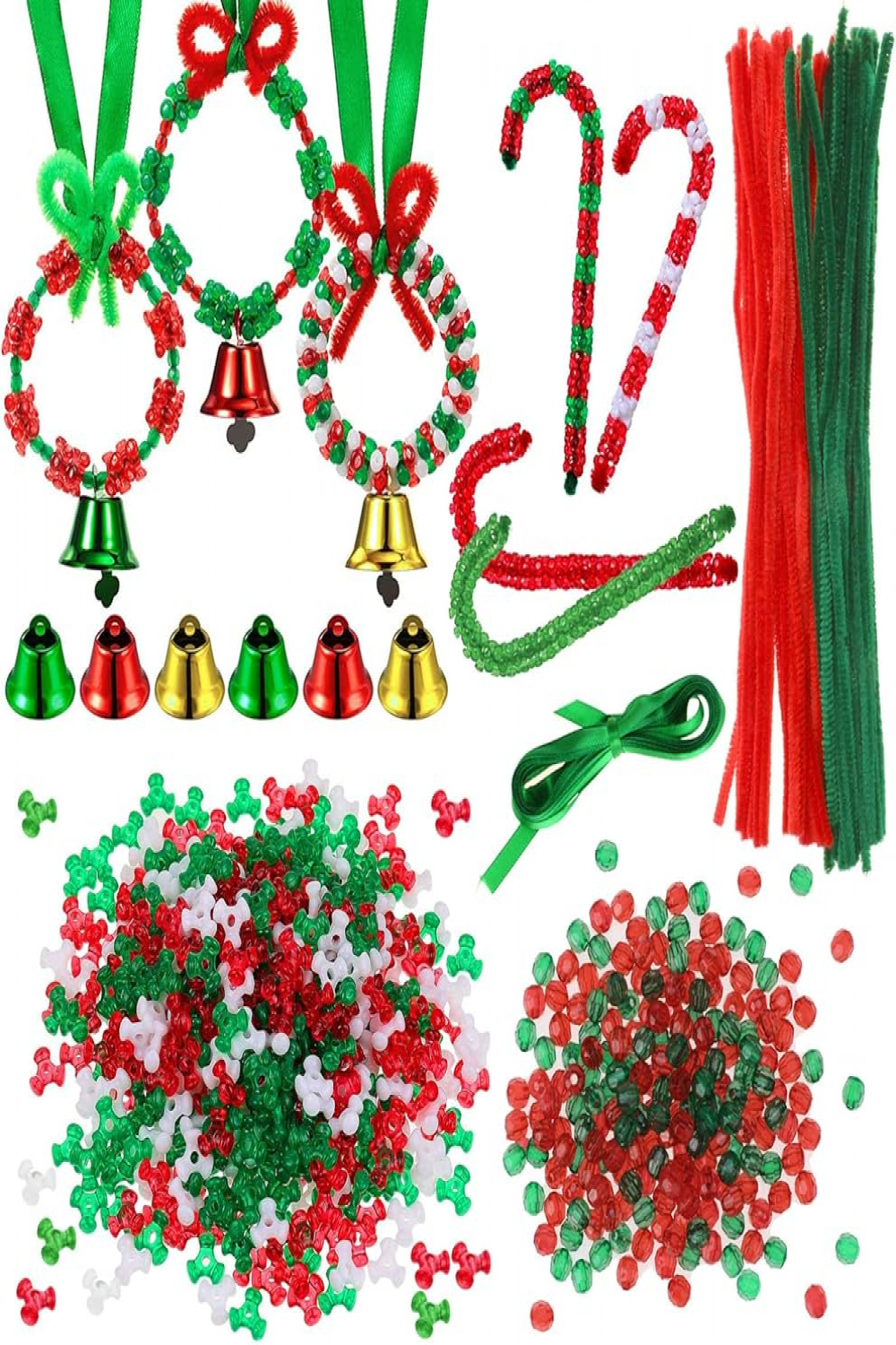 HOWAF  pieces Christmas craft set for children, Christmas beads,  plastic tri beads,  pieces pipe cleaners, chenille handle,  m green  ribbons,