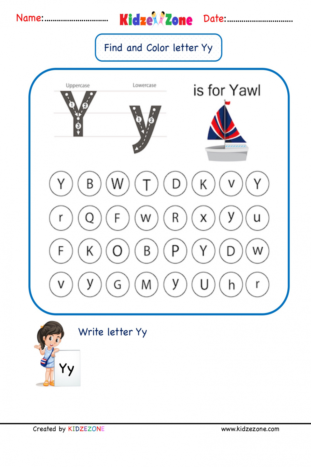 Kindergarten Letter Y worksheets - Find and Color - KidzeZone