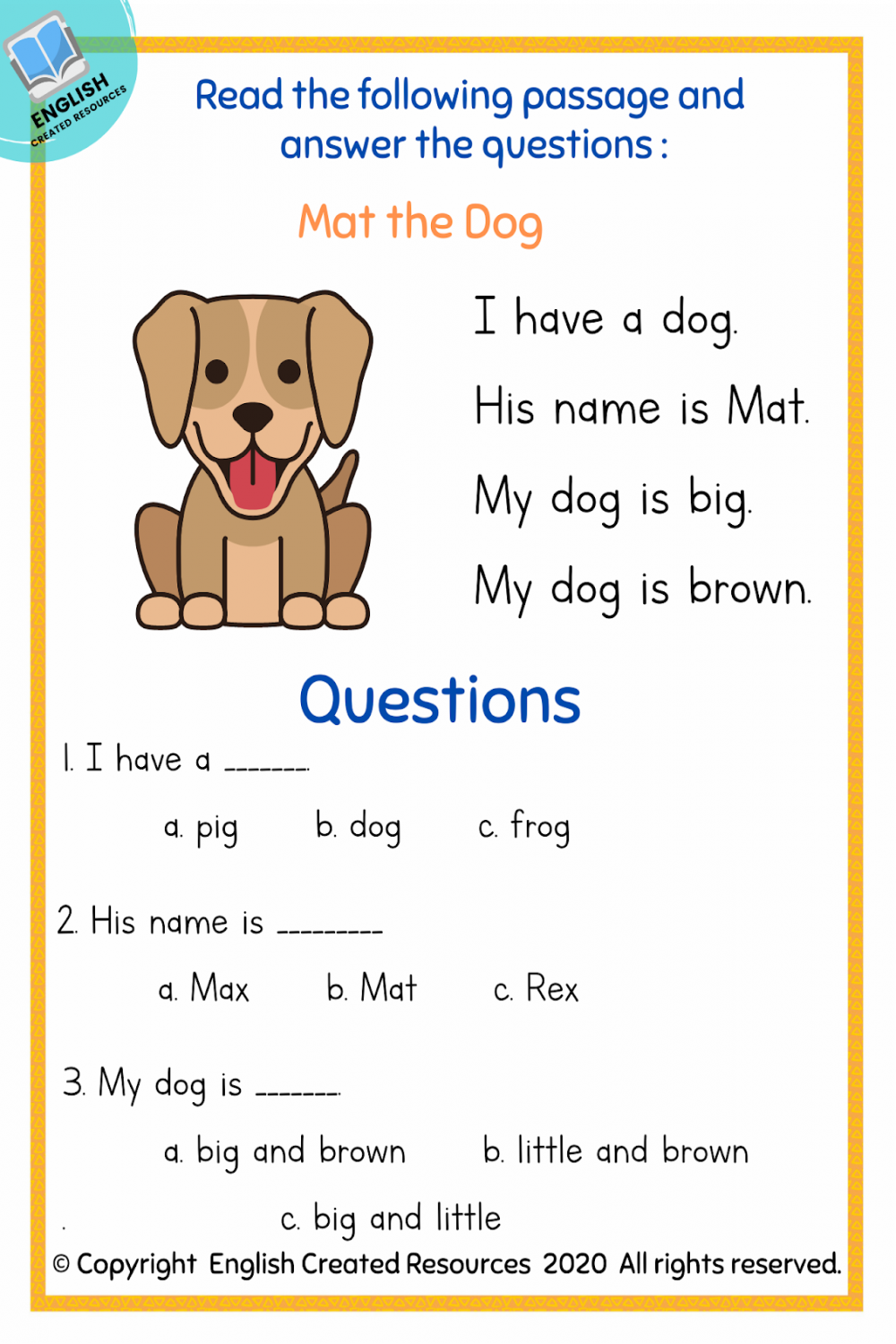 Kindergarten Reading Comprehension Part  – English Created Resources