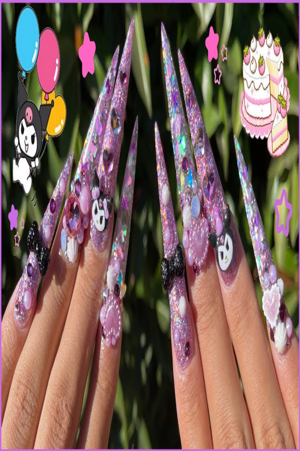 Kuromi Nails For My BDay! D Kawaii Glitter Nails With Gyaru Bling 💜✨