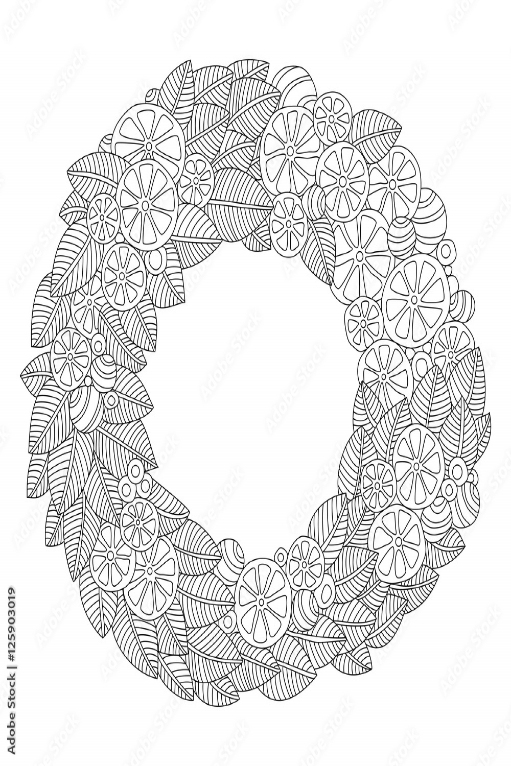 Leaves and orange slices Christmas wreath adult coloring page in