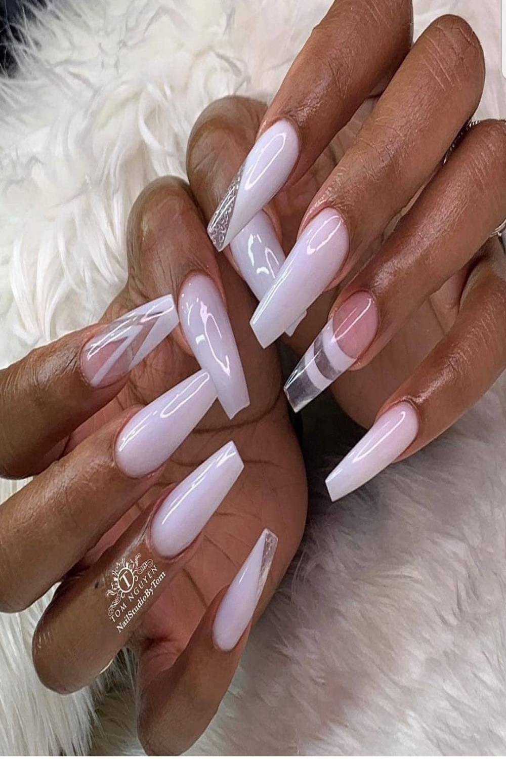 Milky white nail design  Pink acrylic nails, White acrylic nails