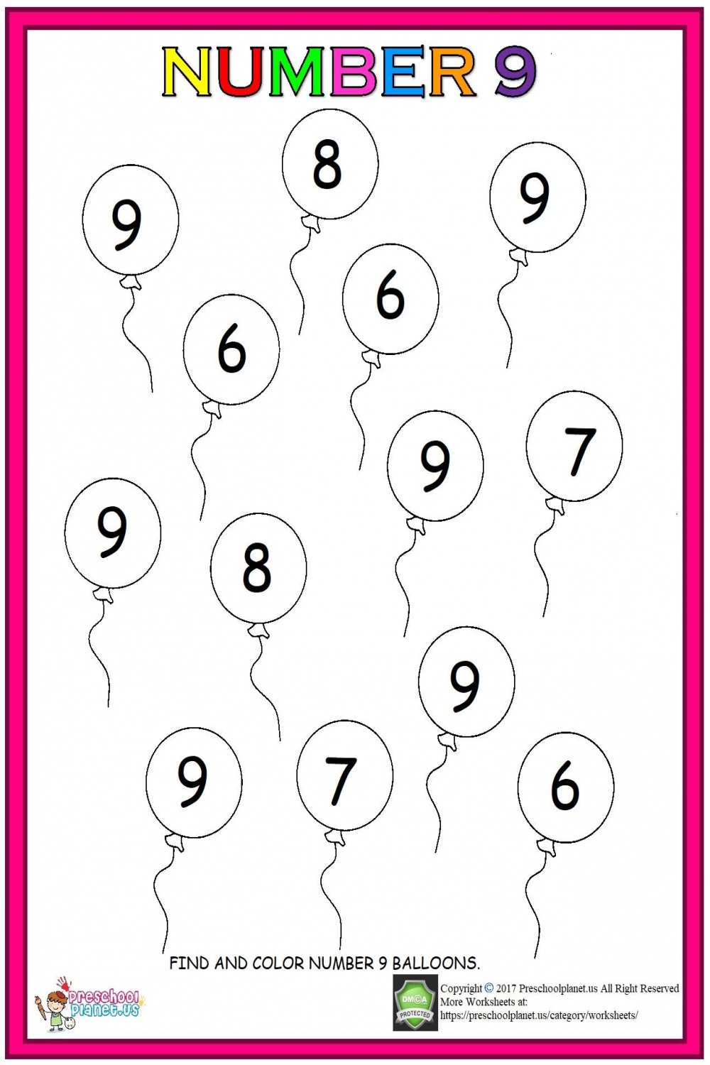 Number Nine Worksheet  Preschool number worksheets, Printable