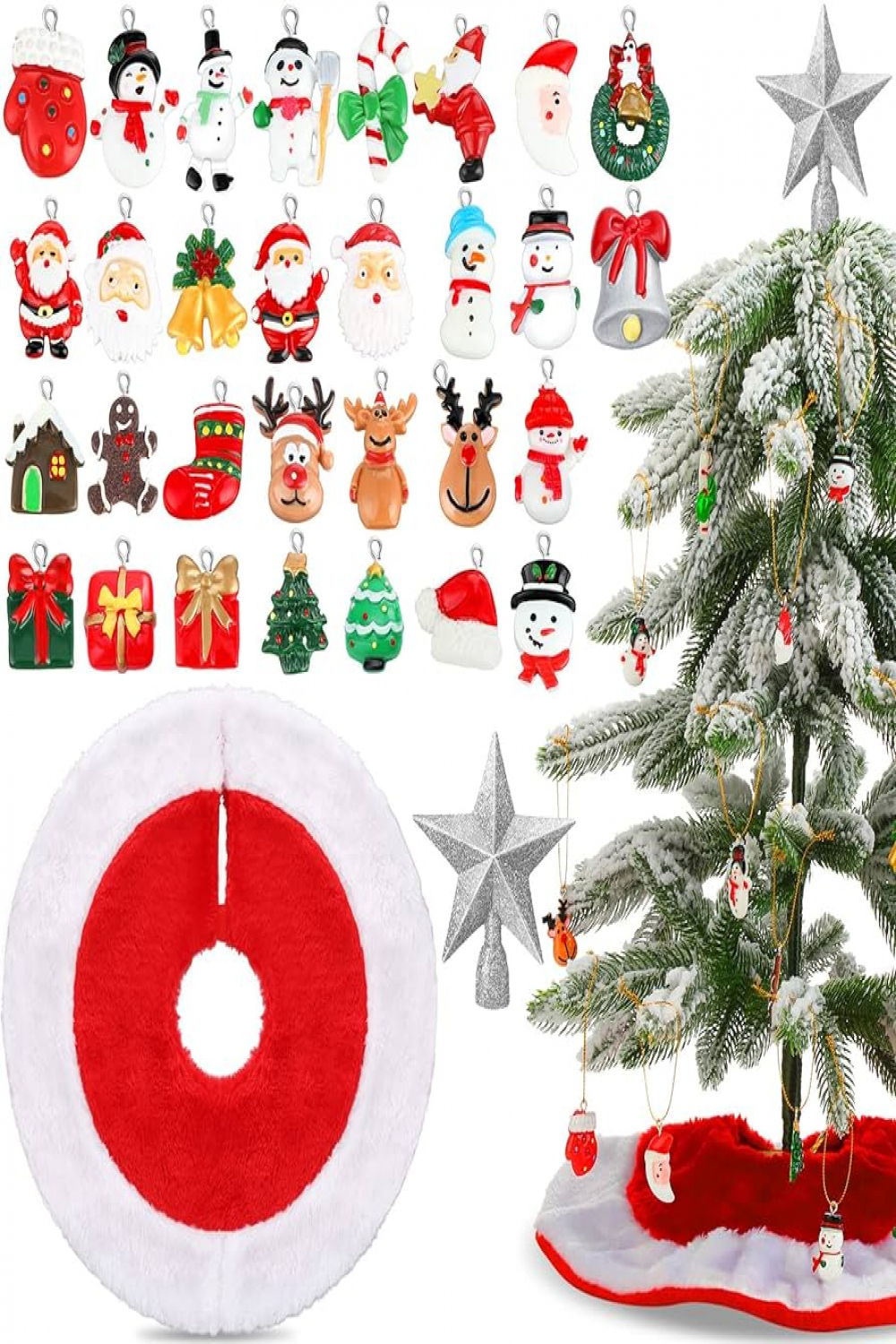 Pack of  Mini Resin Christmas Ornaments, Miniature Christmas Tree  Ornaments, Santa Snowman Ornament with Christmas Tree Plush Skirt, Glitter  Star