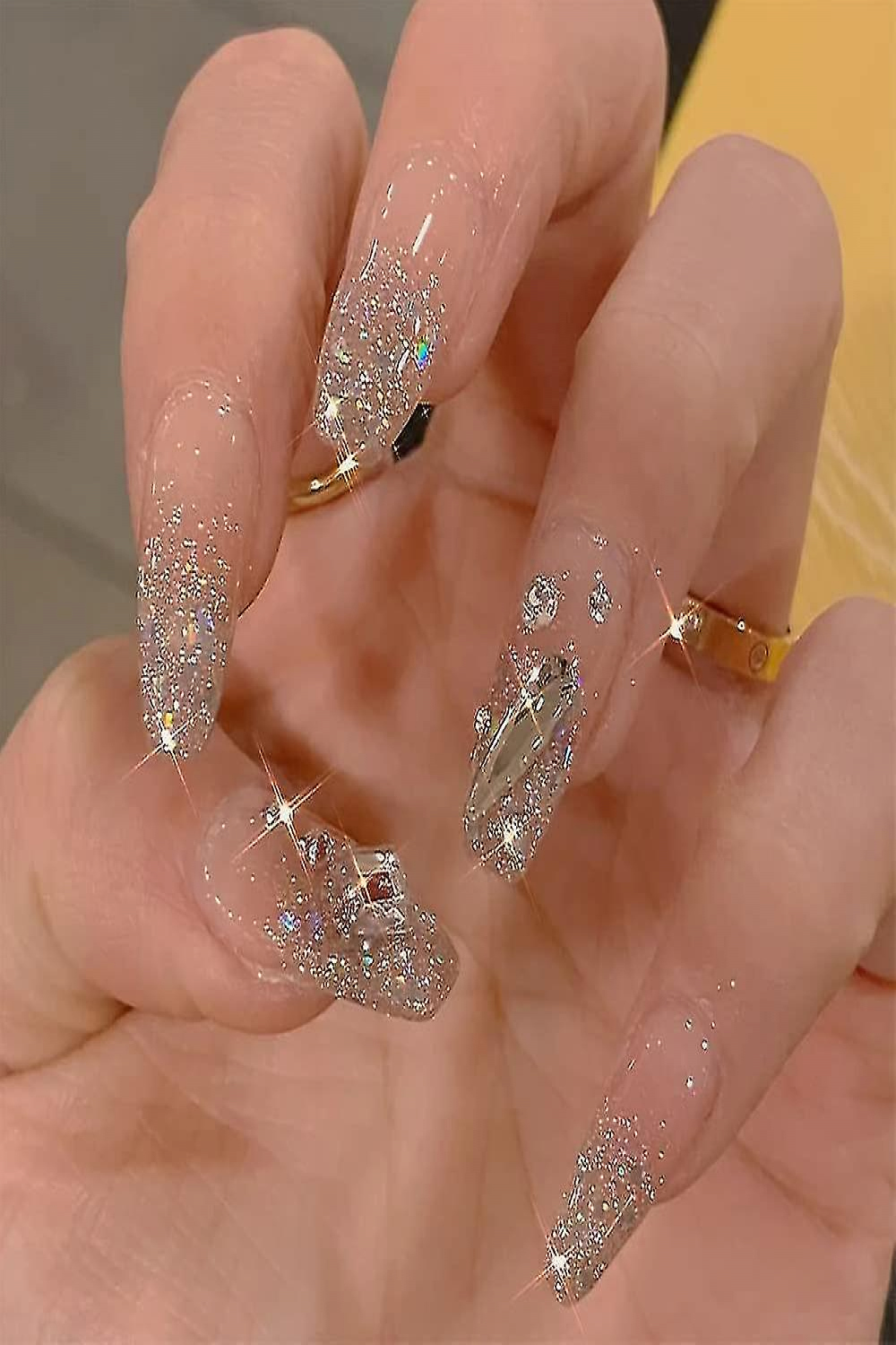 pcs Press On Nails Medium, d Rhinestones Coffin Fake Nails With Designs,  Glossy Ballerina Acrylic Nails Press On, Sparkly Glitter Artificial Glue O