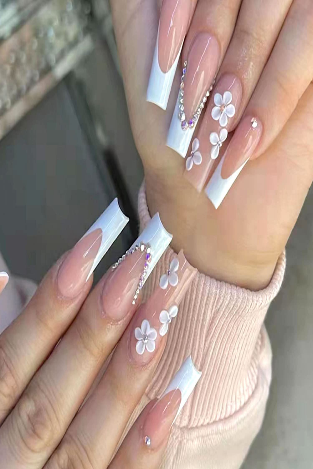 pcs White Flower Press on Nail French Tip Nails Fake Nail Acrylic French  Ballet Nature Exquisite Design for Women Full Cover Cute False Nails DIY  Acrylic Decoration Manicure Decor