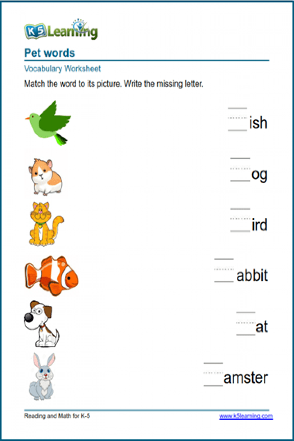 Pet words worksheets  K Learning