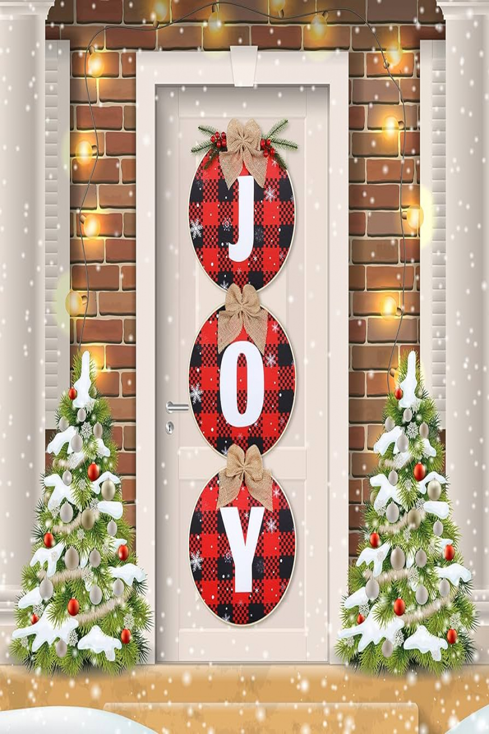 Pieces Joy Sign Christmas Wreaths Xmas Buffalo Check Plaid Joy Wreath for  Front Door Black and Red Burlap Wooden Holiday Decor for Door, Window,